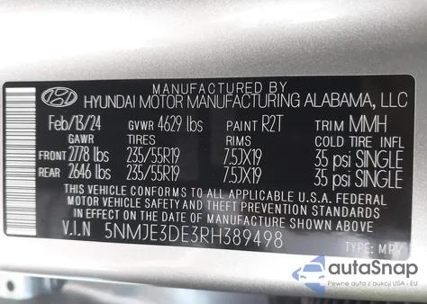 2024 Hyundai Tucson Limited из США, поврежденный, VIN 5NMJE3DE3RH389498